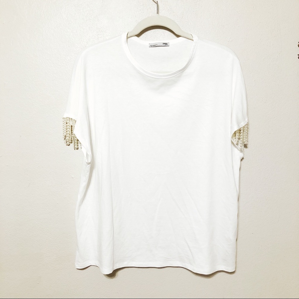 Zara Pearl Sleeve Tee Top M